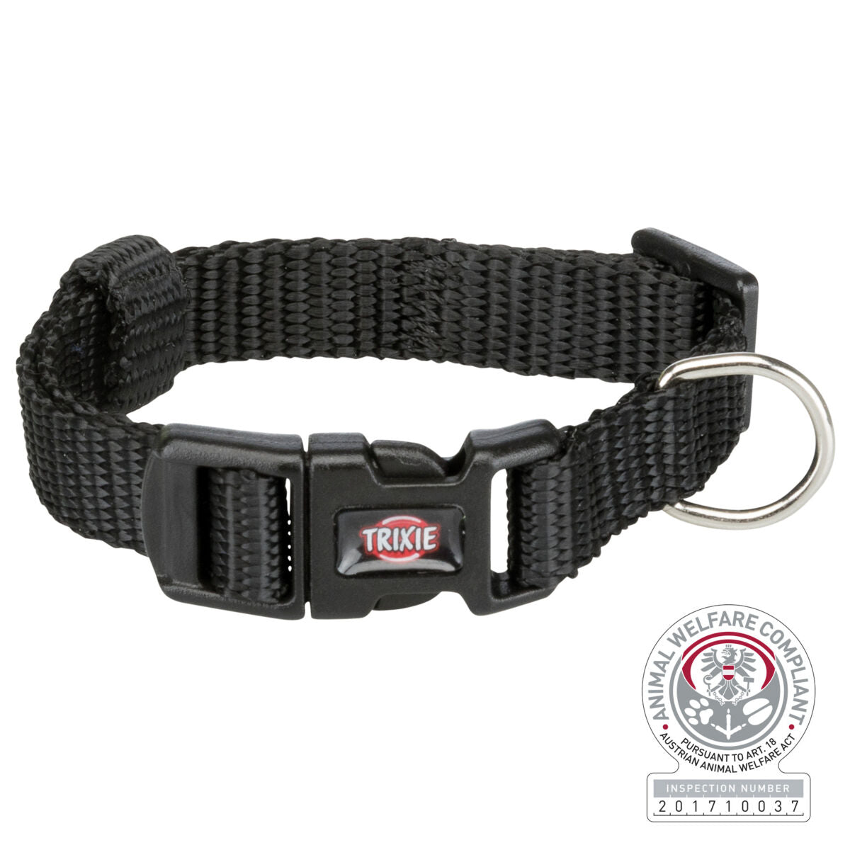 Schwarzes Hundehalsband mit Kunststoffverschluss und Metallring, Text "TRIXIE" auf Verschluss, Zertifikat unten rechts.