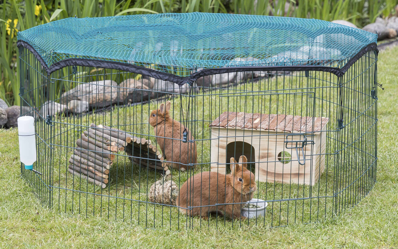 Kaninchengehege im Garten mit grünem Netz, Holzhäuschen und Trinkflasche, zwei Kaninchen im Inneren.