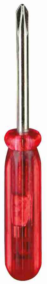 Rotgriff-Schraubendreher mit silberner Kreuzschlitzklinge, vertikal ausgerichtet.