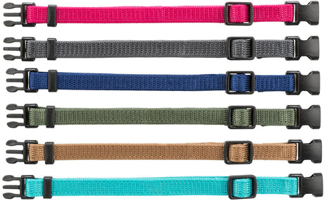 Sechs verschiedenfarbige Hundehalsbänder mit Schnalle: pink, grau, blau, grün, braun, türkis.