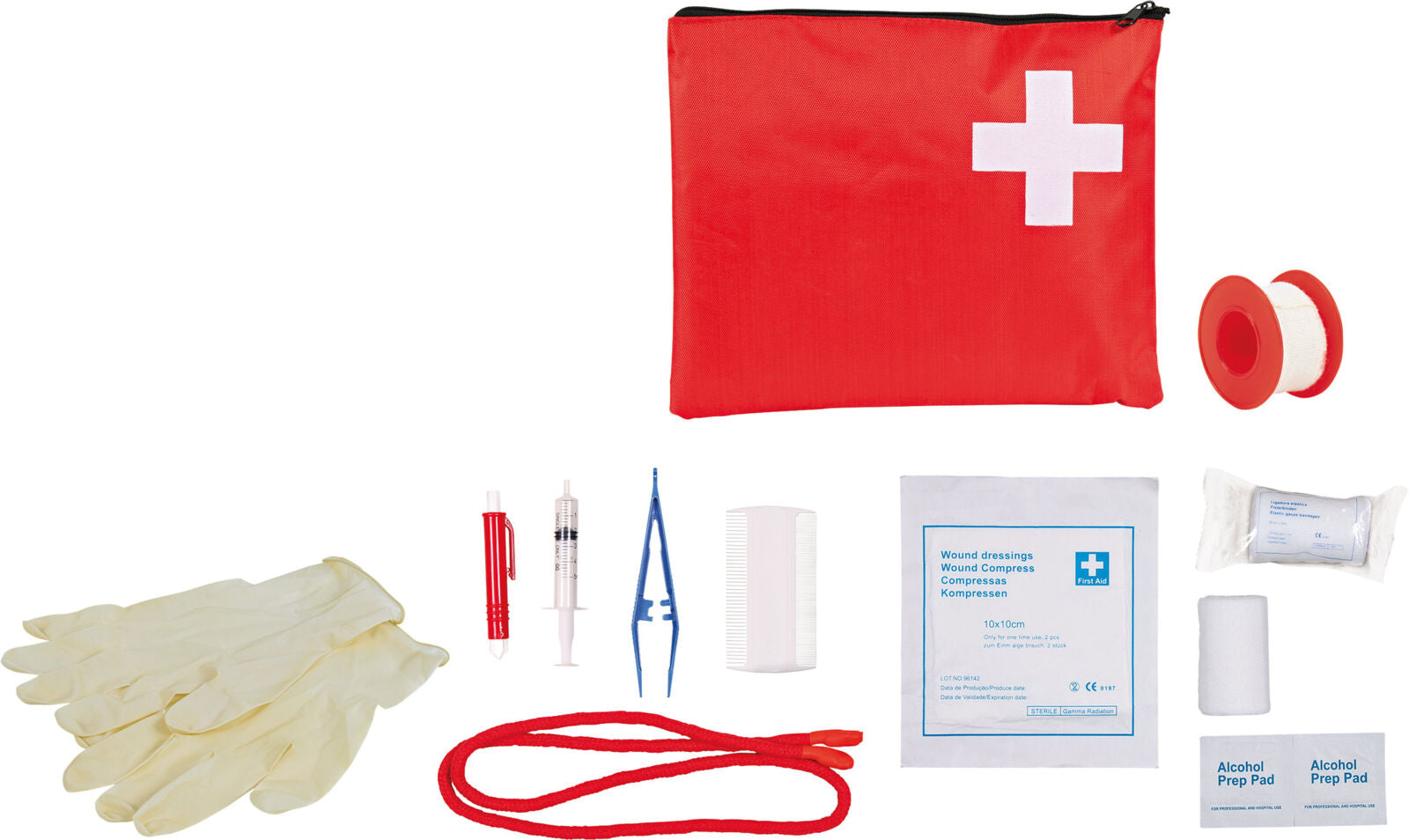 Rotes Erste-Hilfe-Set mit weißem Kreuz, Latexhandschuhen, Verband, Schere, Pinzette, Spritze, Pflasterrolle, Kompressen, Desinfektionstüchern.