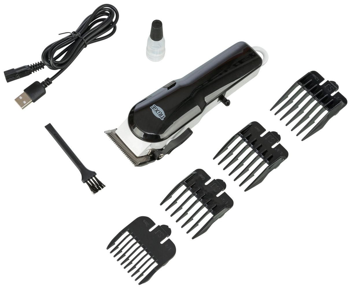 Elektrischer Haarschneider mit schwarzem Gehäuse, vier Kammaufsätzen, USB-Kabel, Reinigungsbürste und Ölfläschchen.