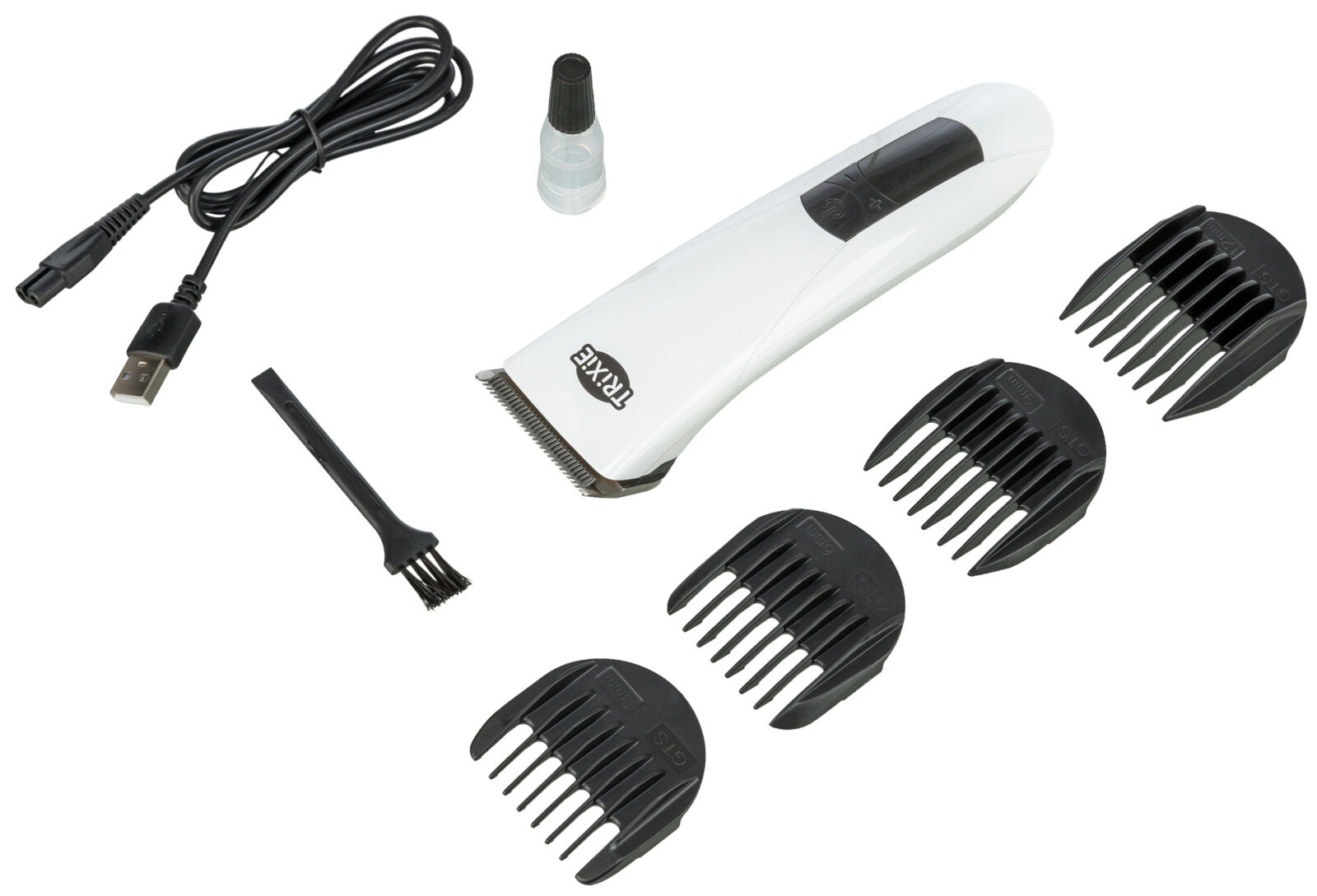 Elektrischer Trimmer mit vier schwarzen Aufsätzen, USB-Kabel, Reinigungsbürste und kleiner Flasche.