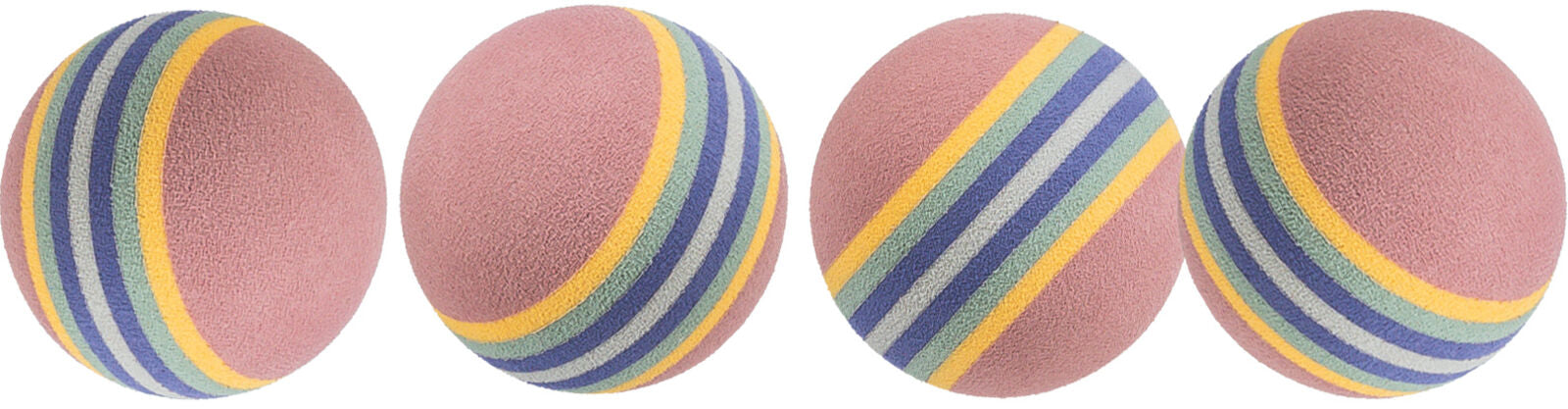 Vier rosafarbene Bälle mit bunten Streifen in Gelb, Blau, Grau und Grün auf weißem Hintergrund.