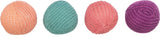 Vier kugelförmige Strukturen in Pastelltönen: orange, mintgrün, rosa und lila mit gestrickter Oberfläche.
