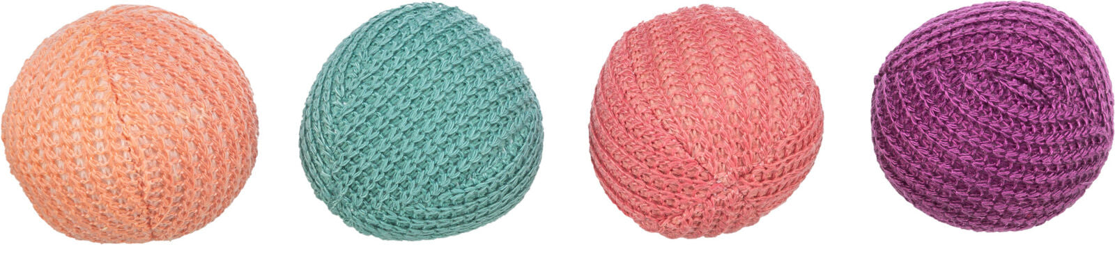 Vier kugelförmige Strukturen in Pastelltönen: orange, mintgrün, rosa und lila mit gestrickter Oberfläche.