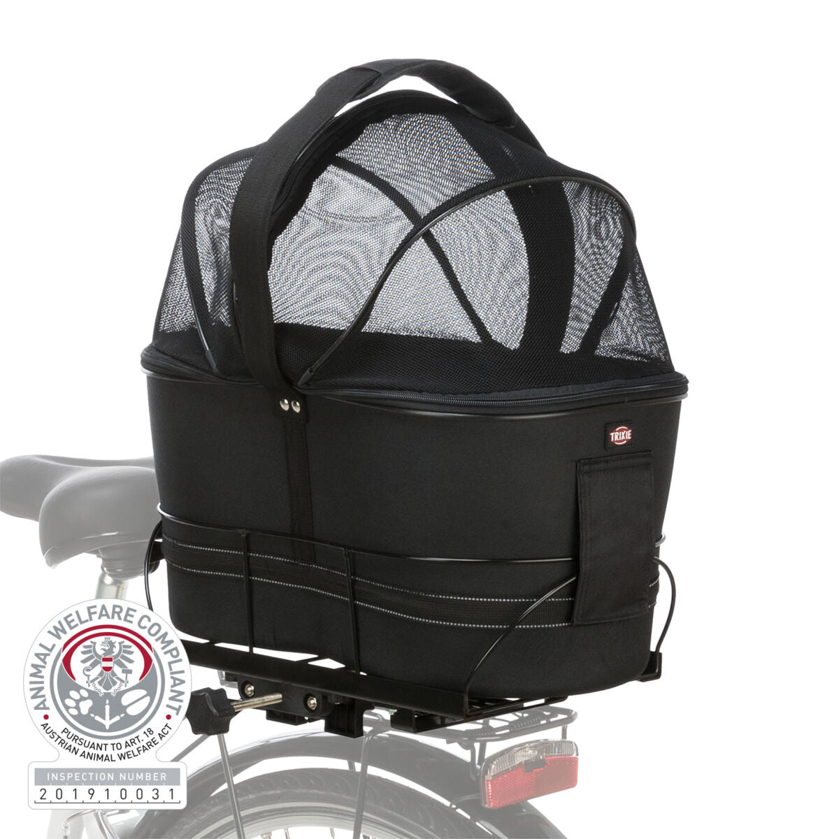 Schwarze Fahrradträgerbox mit Netzabdeckung und Griffen, befestigt an einem Fahrrad, mit einem Tierschutzetikett.