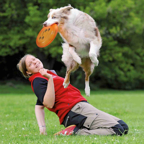 Hund springt mit orangefarbener Frisbee im Maul über Person in roter Weste auf grünem Gras.