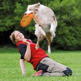 Hund springt mit orangefarbener Frisbee im Maul über Person in roter Weste auf grünem Gras.