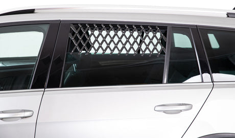 Silbernes Auto mit geschlossenen Fenstern und einem schwarzen Gitter im oberen Teil des hinteren Seitenfensters.