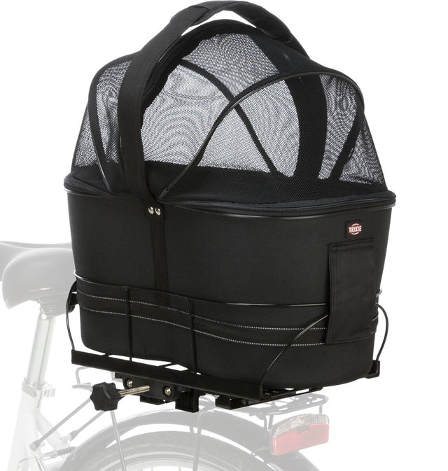 Schwarzer Fahrradkorb mit Netzabdeckung auf einem Fahrradträger montiert, Logo "Trixie" sichtbar.
