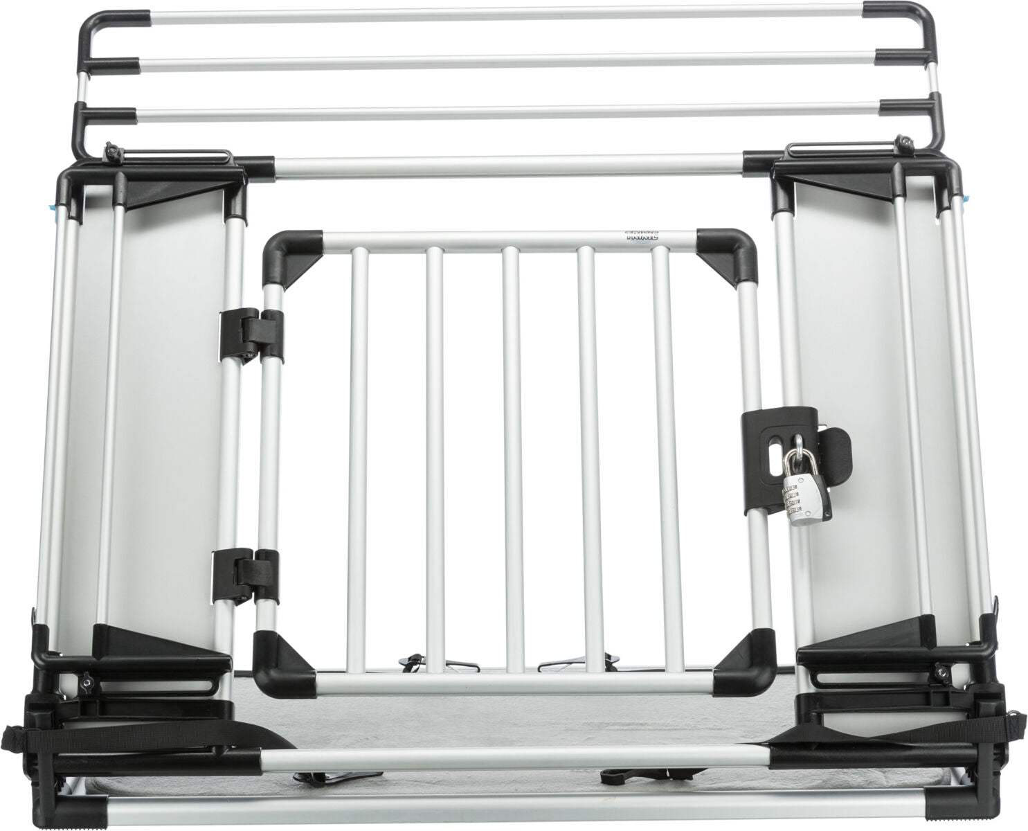 Metallisches Gitterelement mit mehreren Stangen, schwarzem Kunststoff an den Ecken und einem Kombinationsschloss an der Vorderseite.