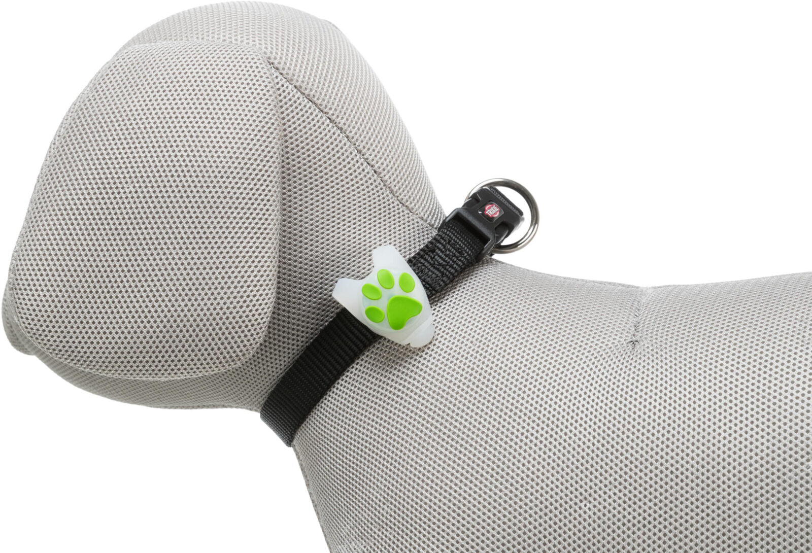 Graues Hundemodell mit schwarzem Halsband und grünem Pfotenanhänger.