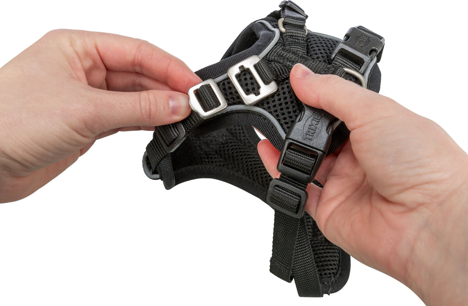 Hände halten schwarzes Hundegeschirr mit Schnallen und verstellbaren Riemen.