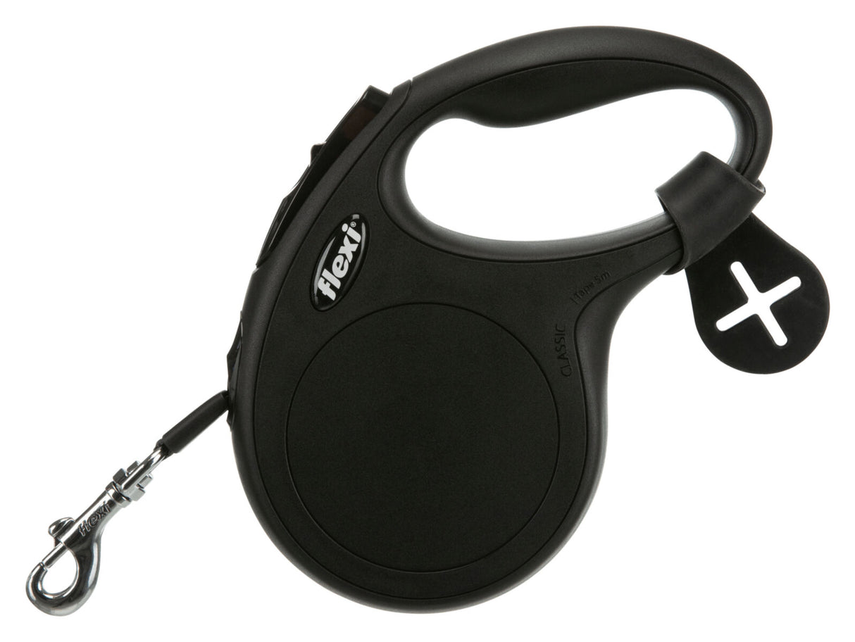 Schwarze, einziehbare Hundeleine mit ergonomischem Griff, silberfarbenem Karabinerhaken und Flexi-Logo.