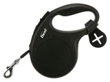Schwarze, einziehbare Hundeleine mit ergonomischem Griff, silberfarbenem Karabinerhaken und Flexi-Logo.