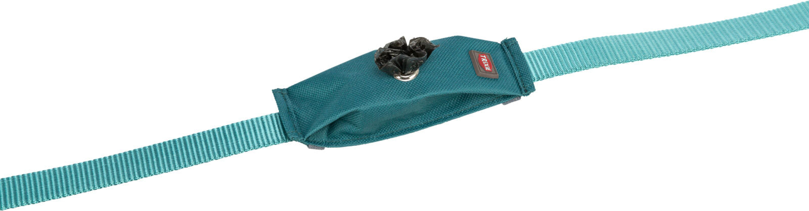 Eine türkisfarbene Gürteltasche mit einer Öffnung oben, durch die eine schwarze Plastiktüte sichtbar ist.