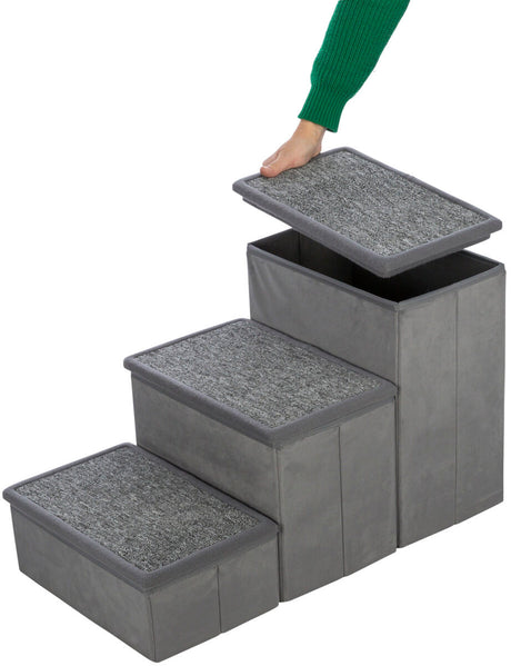 Graue, dreistufige Treppe mit abnehmbaren Deckeln, die eine Person mit grünem Ärmel öffnet.