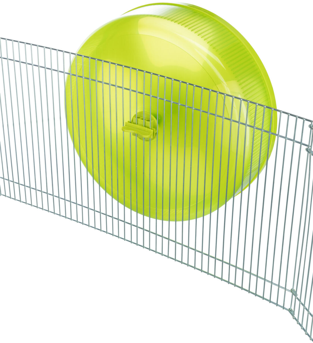 Metallgitterkäfig mit großer, grüner Plastiklaufrolle.